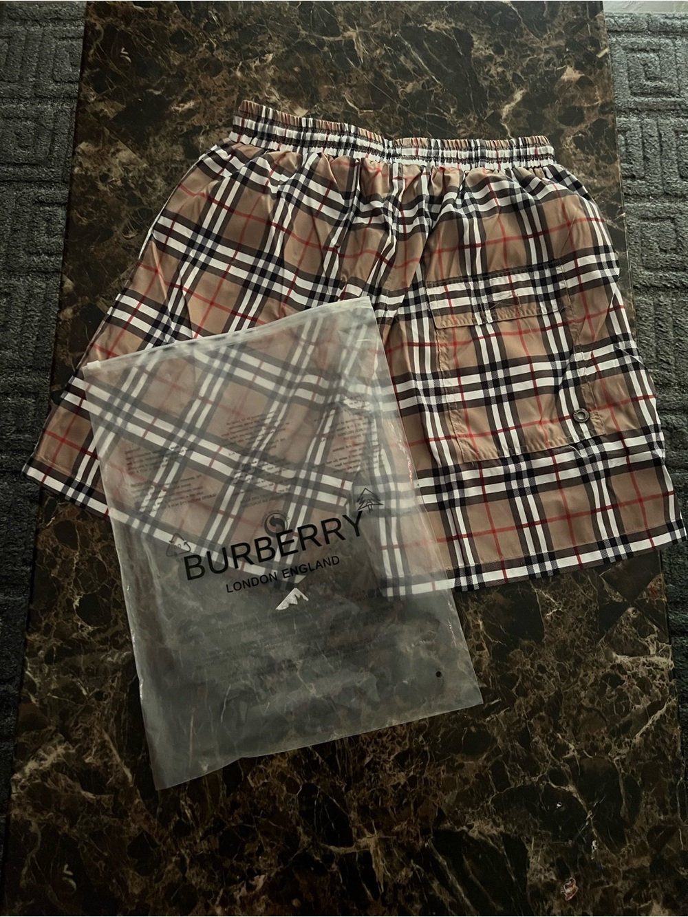 Burberry Beige Vintage Check Swim Shorts with Black & Red Accents - Picture 2 of 3
